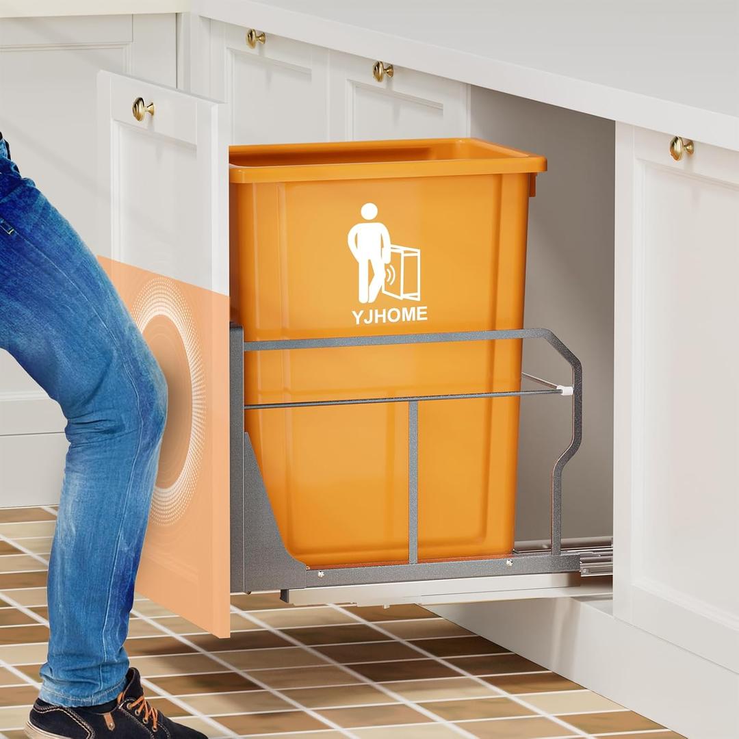 YJHome Pull Out Trash Can Under Cabinet with Push to Open Slides, Garbage Can Not Included, Cabinet Trash Can Pull Out Kit with Door Mounting Kit, Requires Minimum Cabinets Opening 15" W (Single)