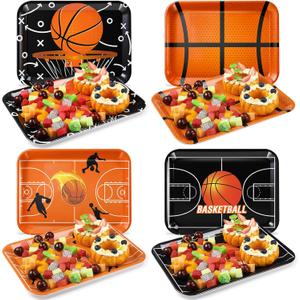 4 Pieces Basketball Serving Trays - Sports Melamine Platters Reusable Rectangle Party Trays for Basketball Sports Theme Party Food Dessert Serving Supplies, 13 x 9.7 inch