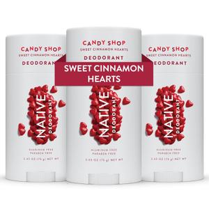 3 Pack Native Deodorant,  72 Hour Odor Control,  Seasonal Scents for Women and Men, Aluminum Free with Baking Soda, Coconut Oil & Shea Butter,  Candy Shop Sweet Cinnamon Hearts 2.65 oz (75g), Desert Grass & Sandalwood 2.65 oz (75g), Toasted Marshmallow & Vanilla 2.65 oz (75g), 3 Pk