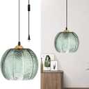 Plug in Green Glass Pendant Light Modern 7.8 Dia Striped Ribbed Globe Hanging Light Mid Century Metal Light Fixtures 14.76FT Switch Wire for Living Room Dining Room Kitchen Island Bedroom
