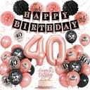 40th Birthday Decorations for Women, Rose Gold Black Confetti Latex Balloons Number 40 Foil Balloon Happy 40th Birthday Banner Cake Topper Paper Pom Poms for Her 40 Year Old Bday Party Decoration