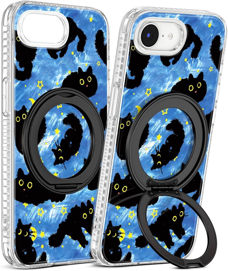 Loheckle for iPhone 17e/16e Case with Stand- Compatible with MagSafe Women Girls Cute Clear Girly Aesthetic Unique Design Soft TPU Magnetic Ring Phone Cover for Apple 17e/16e, Blue Cat