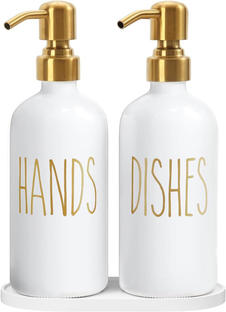 MOMEEMO Soap Dispenser for Kitchen Sink, White Soap Dispenser with Silver Metal Pump, Suitable for Kitchen Decor and Accessories. (White & Gold)