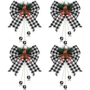 Syhood 4 Pcs Christmas Large Buffalo Plaid Bow with Pine Needles Xmas Tree Burlap Buffalo Check Ribbon Bow Decoration for Home Christmas Party Indoor Crafts 9.8 x 11.8 Inch(Black and White Plaid)