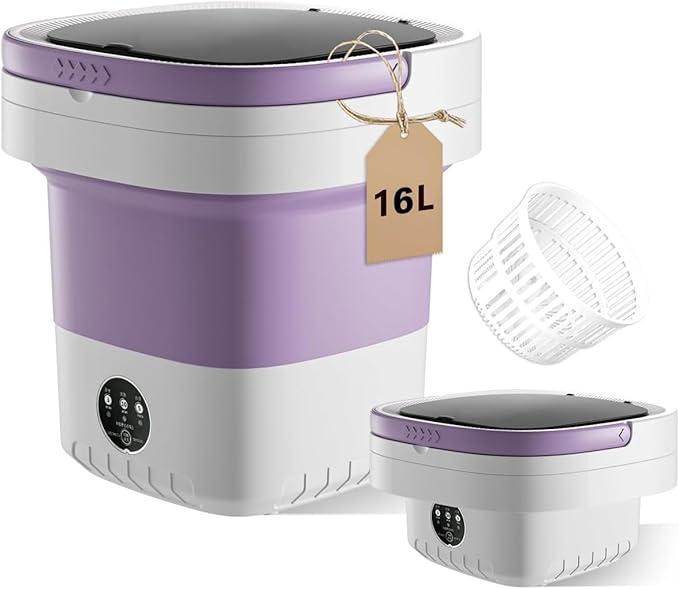 Portable Washing Machine, 16L Collapsible Mini Washer with UV-C Light & Spin Basket, 3 Cleaning Modes Small Foldable Laundry Machine for Clothes Underwear Socks Delicates Travel Camping Dorms (Purple)