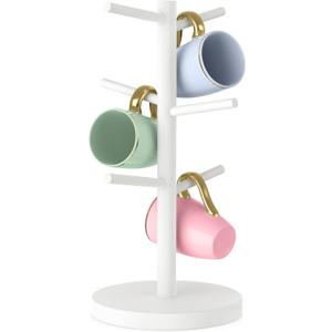 Wisuce White Coffee Mug Tree, Updated Thick Bamboo Mug Holder Base,Coffee Cup Stand Mug Holders with 6 Hooks for Countertop Coffee Mug Rack Organizer Stand