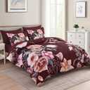 Luxudecor Burgundy Floral Comforter Set Queen Size 7 Piece, Flower Bed in a Bag, Elegant Floral Comforter with Sheet Set, Soft Microfiber Bedding Set for All Season (Burgundy, 90"x90")