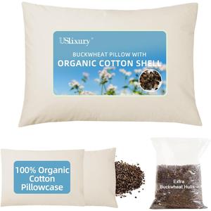 USlixury Organic Buckwheat Pillow for Sleeping with Extra Organic Pillowcase and Hulls, 14"X20" Buckwheat Hull Pillow, Adjustable Height and Firmness, Firm Neck Support for Side Sleepers, Cool, White