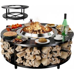 Fire Pit Surround Tabletop for Solo Stove Yukon 1.0 & 2.0, 48" Fire Pit Surround Tabletop with Wood Storage Shelf, Powder-Coated Steel Surround Tabletop with Extra Space with Raised Stand