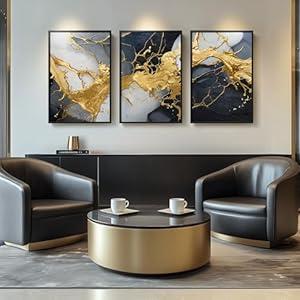 Framed Black and White Gold Abstract Wall Art, Set of 3 Canvas Prints Paintings Artwork for Walls, Modern Marble Pictures for Living Room Hallway Dining Room Bedroom Office Wall Decor 16x24 Inch