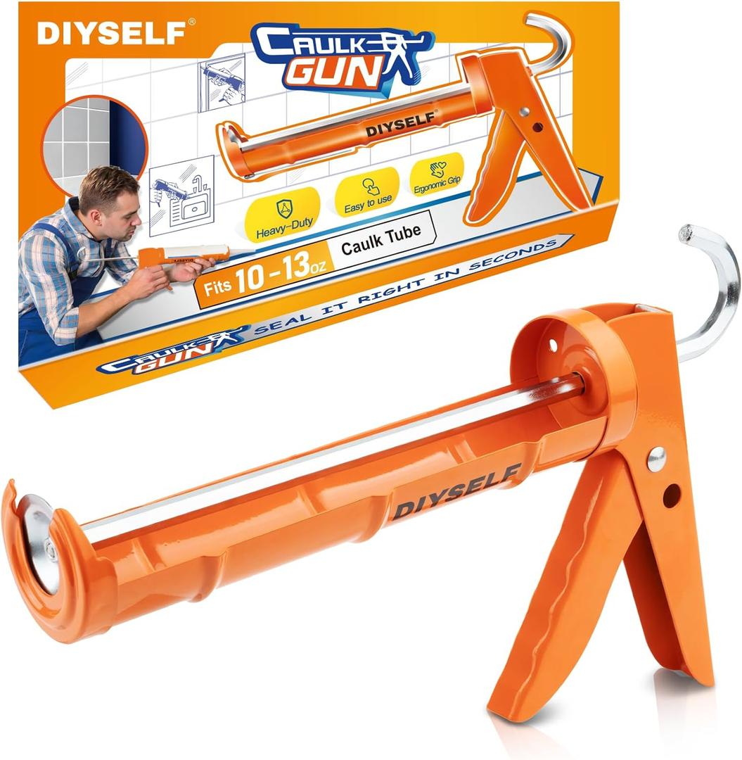 DIYSELF-Caulk-Gun-Drip-Free, Hand Caulking Tool with Smooth Rod, Caulking Gun Fits 10 oz Tube, 10:1 Thrust Ratio Silicone Gun for Bathroom, Kitchen, Windows, Door Frames, Small Repairs (Orange)