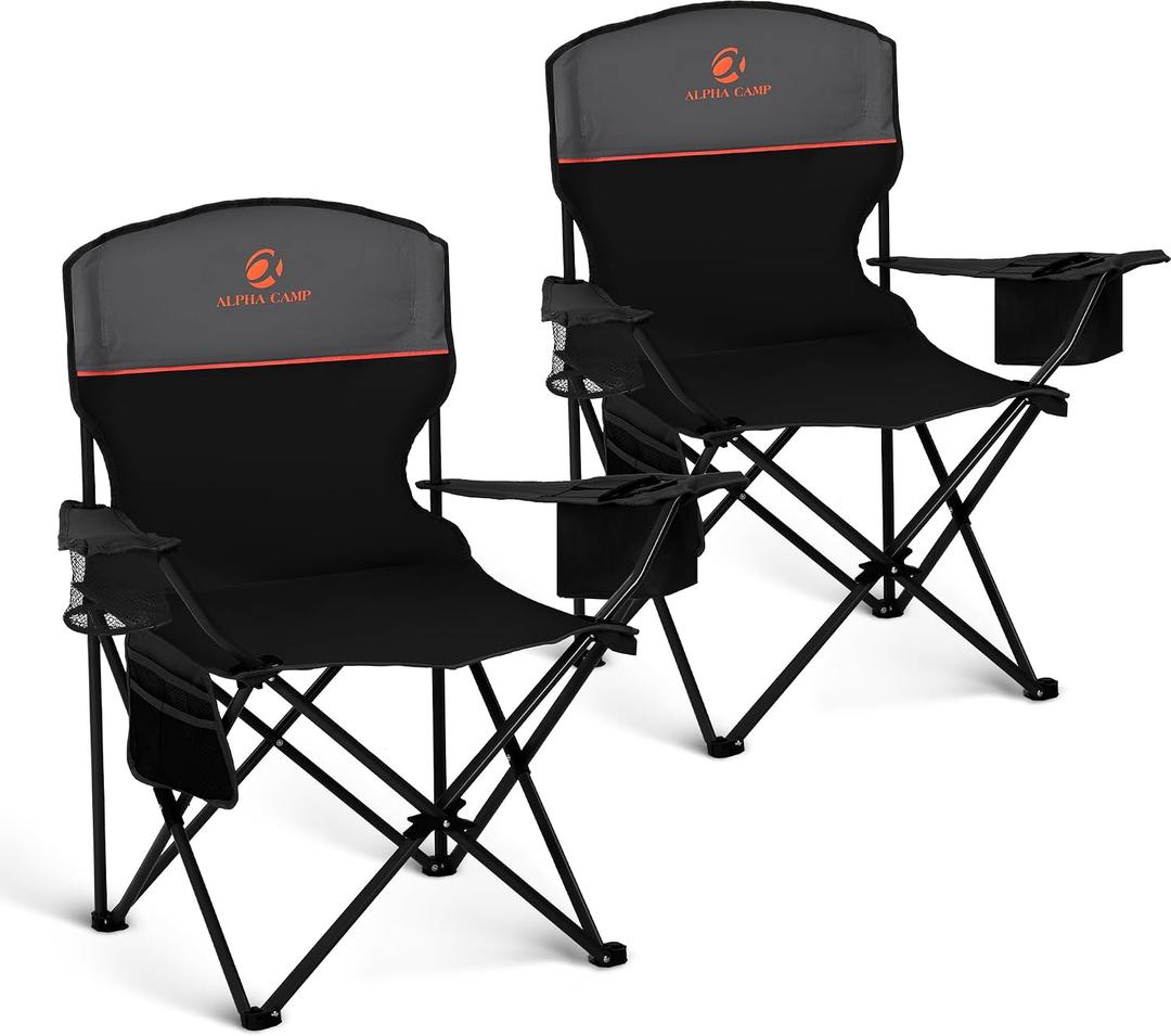 LET'S CAMP Camping Chair 2 Pack Folding Chair with 4-Can Cooler Bag Portable Lawn Chair with Cup Holder,Storage Pocket, Supports 250LBS, Collapsible Chair for Camp, Beach, Picnic (Black)