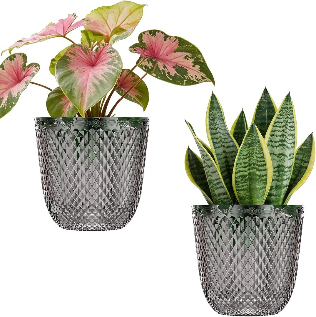 QCQHDU 2 Pack Self Watering Pots, 7.2 Inch Flower Pots with Drainage Holes and Water Filling Port, Plastic Garden Planter for Indoor Outdoor Plants (Gray)