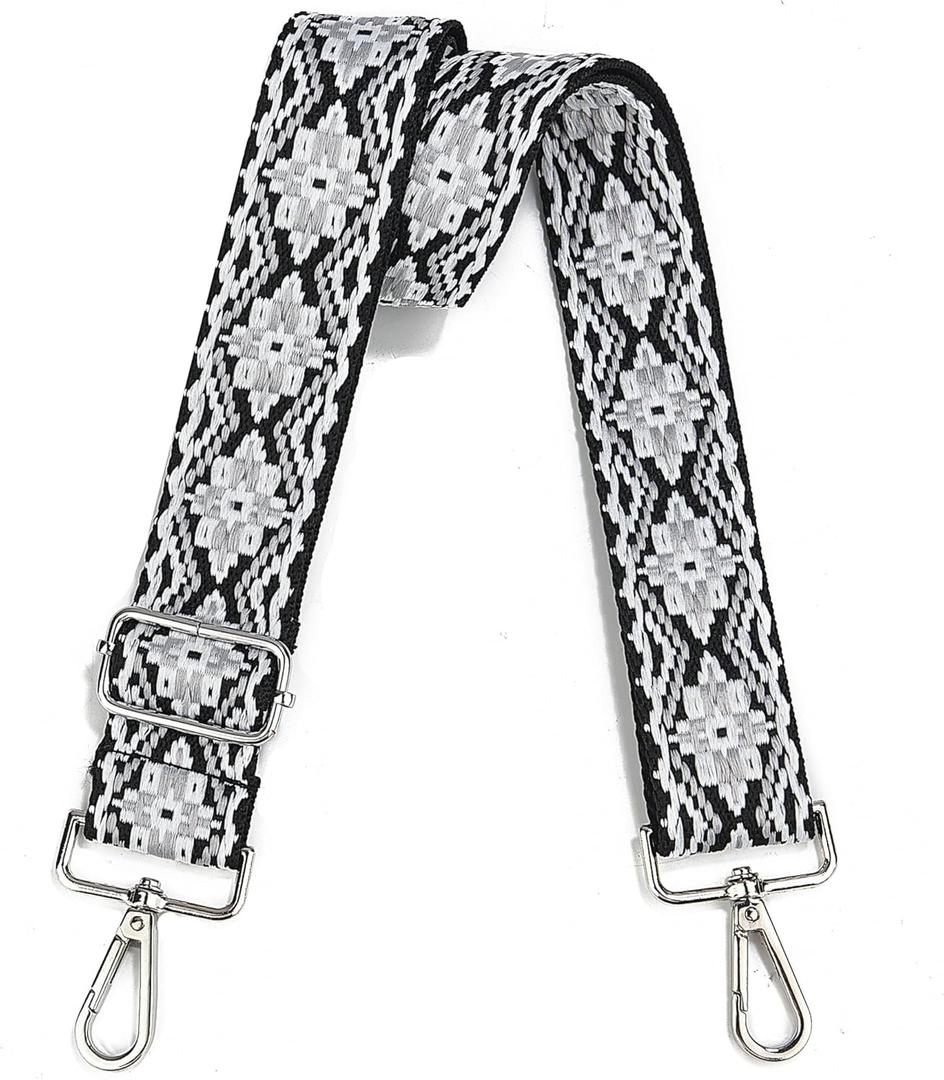 Wide Purse Strap Adjustable Replacement Crossbody Bag Strap Silver Hardware Shoulder Straps (Silver Hardware-single-black White Grey-122)