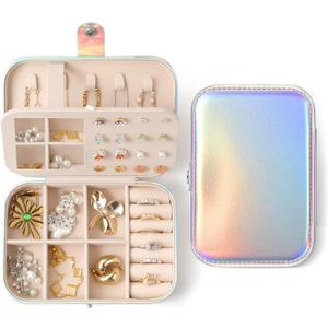 LAMU Travel Jewelry Box, Portable Jewelry Organizers and Stroage, Glowing Rainbow Small Jewelry Case for Earrings Rings Necklaces, Travel Jewelry Case for Girl as Wedding, Valentines Day Gifts, Silver