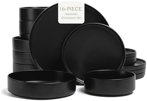 over&back 16-Piece Stackable Dinnerware Dish Set - Stoneware Dishes - Includes 4 Dinner Plates, 4 Salad Plates, 4 Cereal Bowls, and 4 Dinner Bowls - All-Occasion Place Settings - Semi-Matte Black