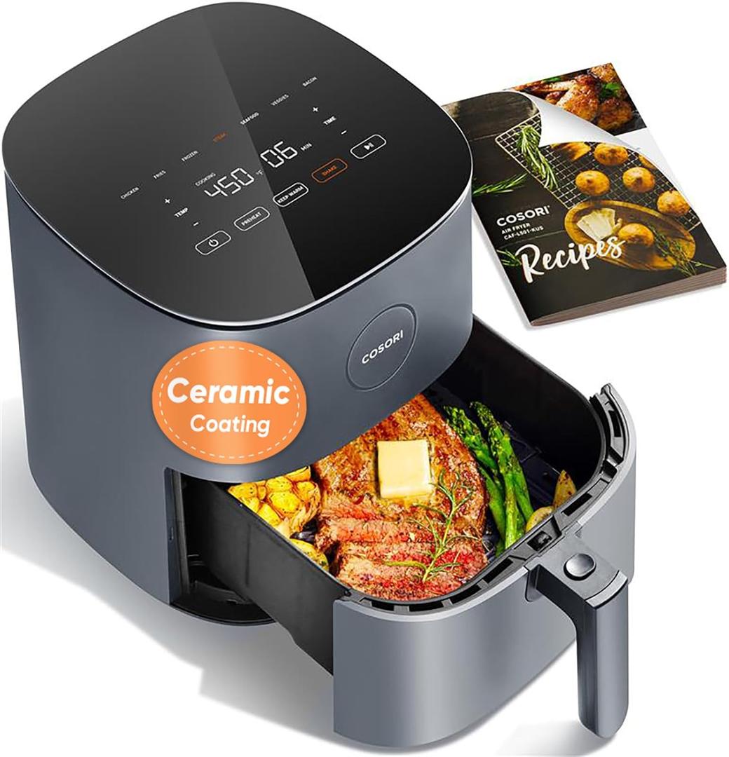 Cosori Air Fryer Pro, Compact 5QT, Ceramic Coating, 7 Presets with Preheat & Keep Warm, 450, Easy to use & clean, Shake Reminder, 130+ In-App Recipes, Nonstick & Dishwasher-Safe Basket, Gray