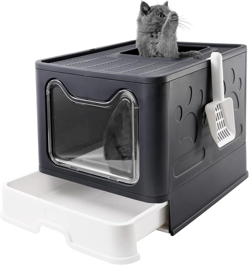 Bolux Foldable Cat Litter Box with Lid, Extra Large, Drawer Type Cat Litter Pan Easy to Scoop & Low Tracking (Dark Grey, 20" L x 16" W x 15" H) (Large, Dark Grey)