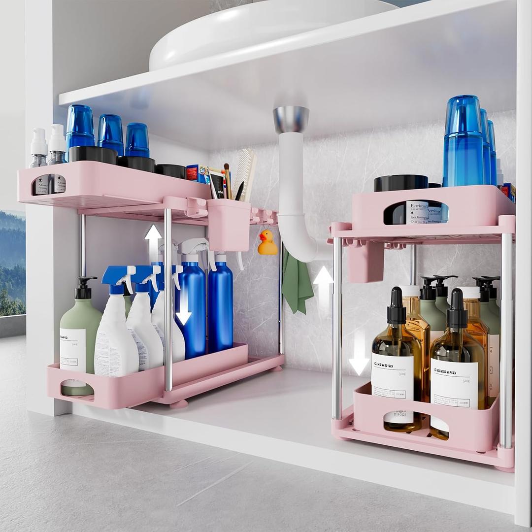Under Sink Organizer, 2 Pack Kitchen and Bathroom Cabinet Organizer, 2 Tier Adjustable Height Storage, Pink (Pink)