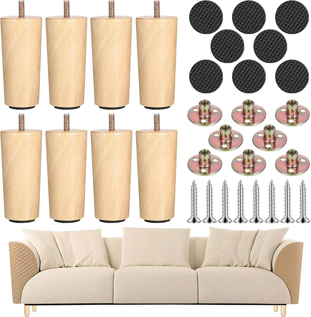 8 Pieces Round Solid Furniture Legs 4 Inch Natural Wooden Couch Leg Replacement Legs Dresser Sofa Couch Leg for Armchair, Cabinet, Chair, Dresser or Home DIY Projects
