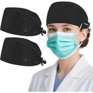 2 Pack Cotton Scrub Caps Women Men Satin Lined with Sweatband 4 Buttons
