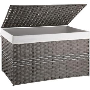 OIAHOMY Large Storage Basket with Lid, 42.3 Gallon (160L) Blanket Basket with Removable Liner Bag, Wicker Hamper with Handle, Foldable, Hamper for Bedroom, Grey