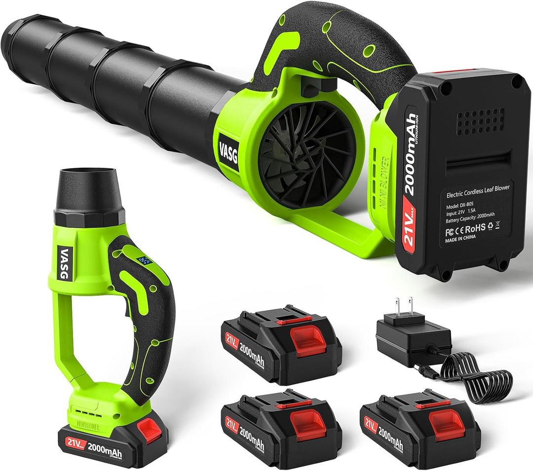 Leaf Blower Cordless, 3 x 21V Batteries & Fast Charger Set, Variable Speed Mode, Lightweight Handheld Electric Leaf Blower for Lawn Care, Yard, Garden, Patio & Outdoor Cleanup (Green)