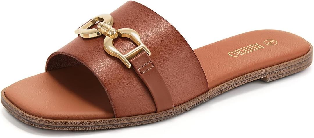 Rihero Women's Flat Sandals Summer Comfortable Square Open Toe Slip On Leather Slide Sandals (7, Cognac)