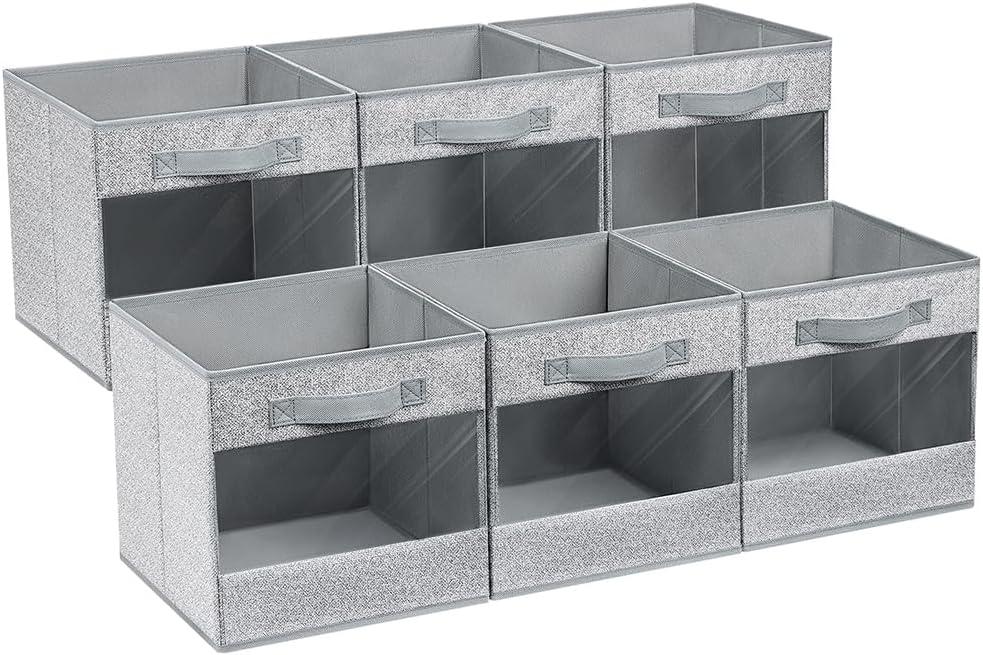 DIMJ Cube Storage Bin, 6 Pack Collapsible Storage Bins, Cube Storage Organizer with Window, Fabric Storage Bins for Shelves, Closet Baskets for Clothes, Toys, Books (Gray)
