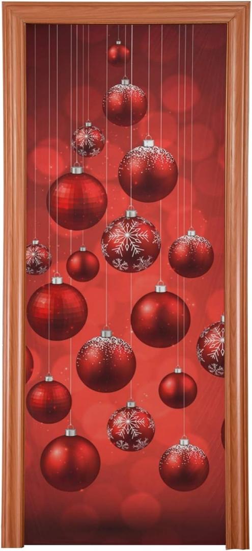 Qilmy Door Cover Decoration, Party Accessory Porch Decor for Festive Ornament Indoor Outdoor Covering 35 x 79 Inch, Red Christmas Balls