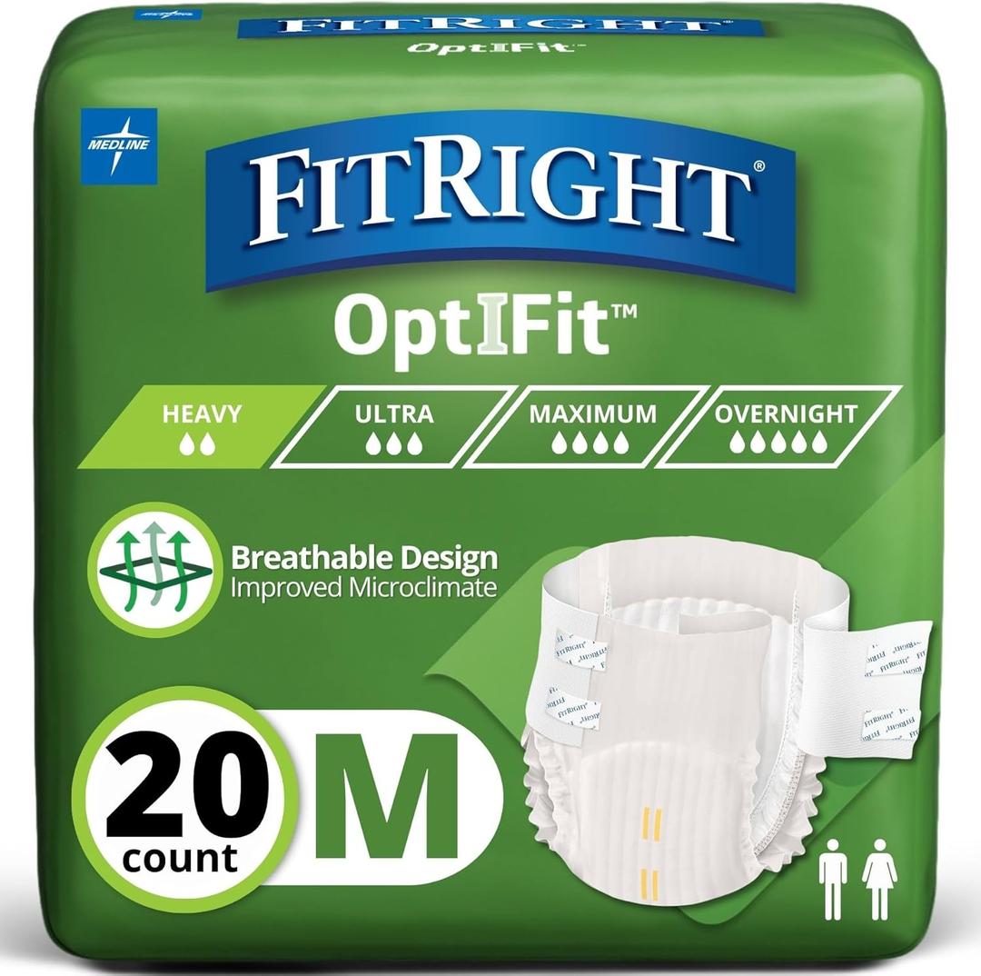 FitRight Adult Diapers, Extra Heavy Absorbency, M (Waist Size 32in-44in), 20 Count, OptiFit Incontinence Briefs for Men and Women, Disposable, Moisture Wicking, Leak Protection,