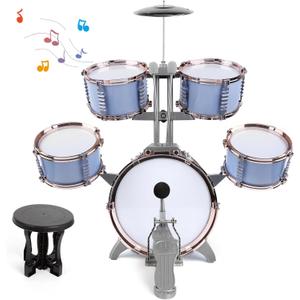 M SANMERSEN Kids Jazz Drum Set - 5 Drums with Stool - Rock Jazz Drum Kit - Musical Enlightenment Educational Toys Gift for Boys Girls (9123 Light Blue)