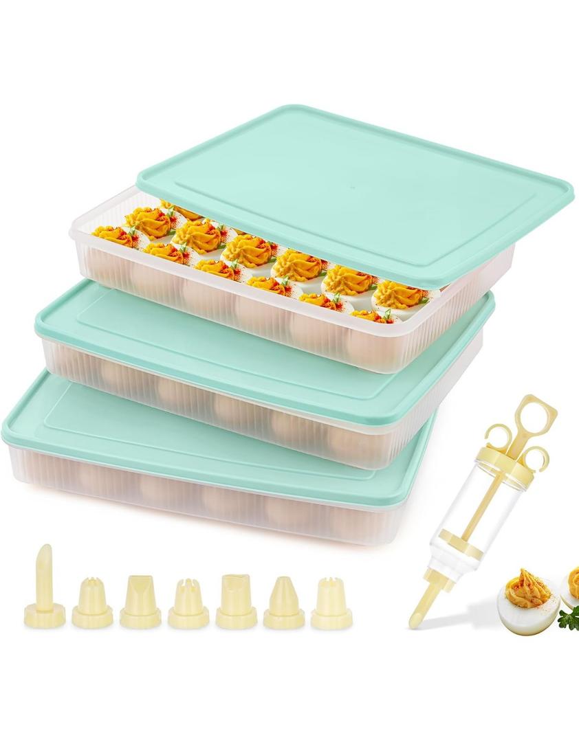 FACULX 3 Pack Deviled Egg Containers with Lid and 8 Pcs Deviled Egg Injector Piping Tool, Egg Organizer for Refrigerator, Fridge Stackable Countertop Portable Egg Platter (Green)