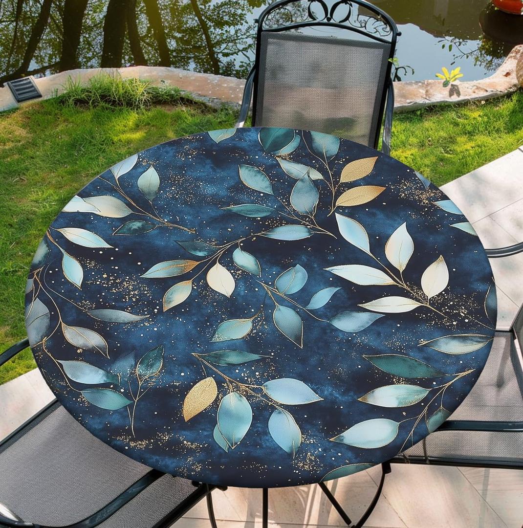 COTAIL Round Tablecloth with Elastic Edge, 36-60Inch Waterproof Table Cloth for Dinner, Outdoor, Picnic, 60inch, Blue Marble and Leaves