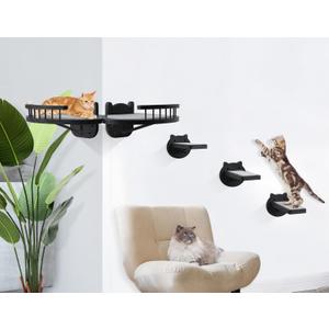 Wall-Mounted Cat Furniture - 2PCS Shelves and Perches With 3 Steps and Scratching Pad, Climbing Condo Fit for Cats Up to 15Lbs, Wood Hammock Mount (Black)