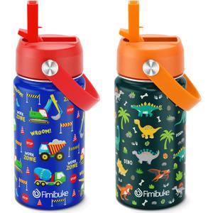 Fimibuke Kids Insulated Water Bottle, 14oz BPA FREE Double Wall Vacuum Tumbler 18/8 Stainless Steel Leak Proof Kids Cups with Straw Metal Bottles for School Boys Girls (2 Pack, Trucks/Green Dinosaur)