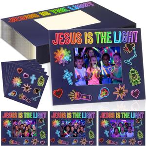 DoubleFill 24 Set 2026 VBS Jesus is the Light Picture Frame Craft Kits DIY Religious Photo Frames with Neon Light Stickers for Vacation Bible School Sunday School Activities Gift Party Favor