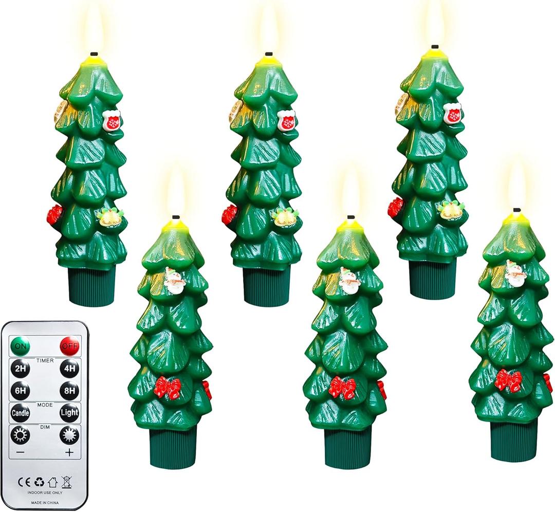 5Inches Real Wax Flameless Christmas Tree Taper Candles with Remote Timer, 6Pcs Battery Operated Taper Candles with 3D Wick Warm White Flickering Lights, LED Candlesticks for Xmas Home Dcor