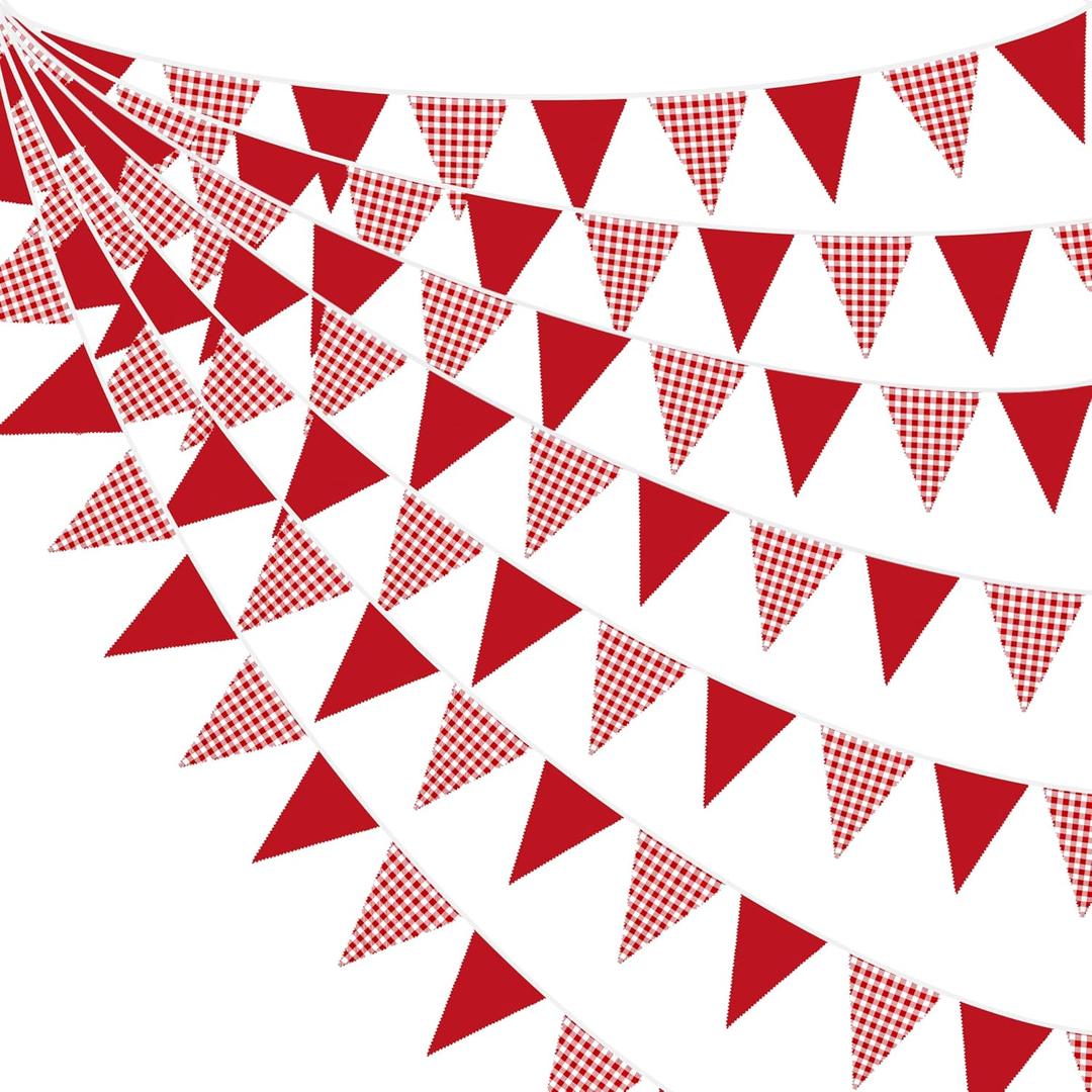 32Ft Red Gingham Party Decorations Red White Plaid Checkered Triangle Flag Pennant Fabric Garland for Birthday Baby Shower Carnival Picnic Pizza Hot Dog Farm Apple Italian Summer Party Supplies