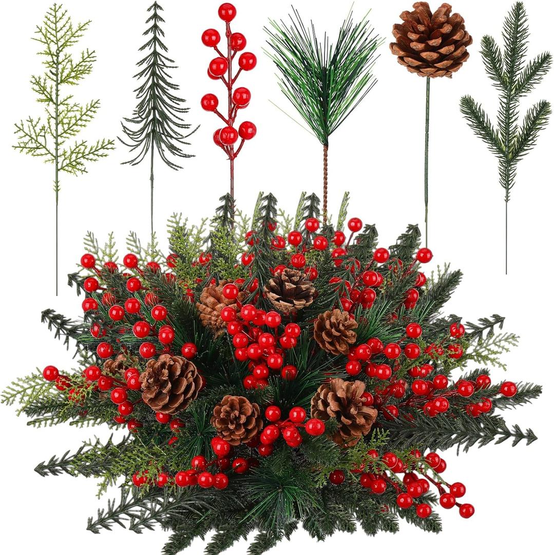 Norme 60 Pack Christmas Artificial Pine Branch Pick Spray Xmas Flower & Greenery Bouquet Red Berry Stem Cedar Tree Berry Cedar Pine is Applicable to Christmas Tree Wreath for DIY Wedding(Non-Snow)