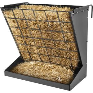 Wall Mount Hay Rack, Heavy-Duty Galvanized Metal 2 in 1 Hay and Grain Feeder, Livestock Feeder with Adjustable Distance, Hay Feeder for Goats, Sheep, Horse (Black)
