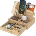 Vdamu Phone Docking Station for Men - Desk or Nightstand Organizer with Drawer - Birthday Gifts for Husband, Dad, Boyfriend, Him - Wooden Charging Station for Phone Watch Key Holder Wallet (Wood)