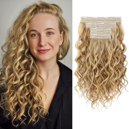 REECHO Curly Hair Extensions, 4PCS 16 inch Clip in Hair Extensions Lace Weft Short Curly Extension Clip Ins Invisible Natural Hairpieces for Women, Dark Blonde with Highlights : Beauty & Personal Care