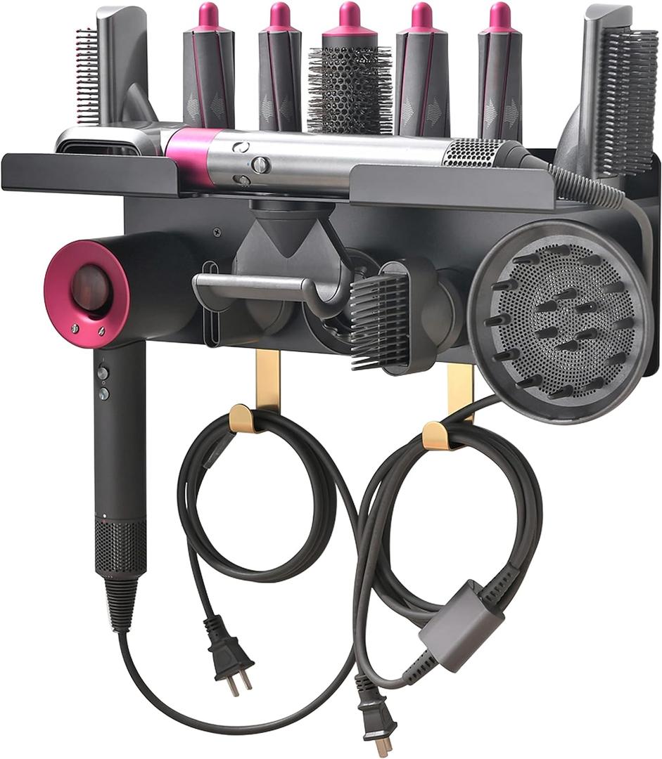 Affogato Wall Mount Holder Compatible with Dyson Airwrap Styler Supersonic Hair Dryer, Wall Mounted Organizer for Storage Attachments, Rack with Hooks for Accessories Nozzles Barrels Brushes