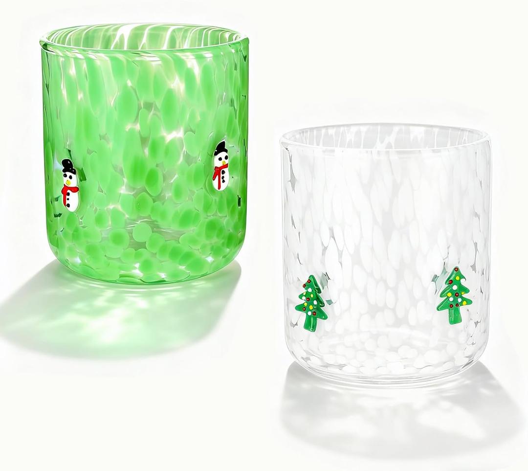 2 Pcs Christmas Icon Glass Cups - 14 oz Cute Icon Juice Glass Double Old Fashioned Handmade Drinking Cups for Holiday Party Home Decor Lovely Gifts (Christmas Style)
