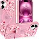 AIGOMARA Magnetic Stand for iPhone 16 Case, Aesthetic Cute Pink Floral Flower Design for Women Girls, Compatible with Magsafe, Slim Translucent Matte Protective Kickstand Phone Case