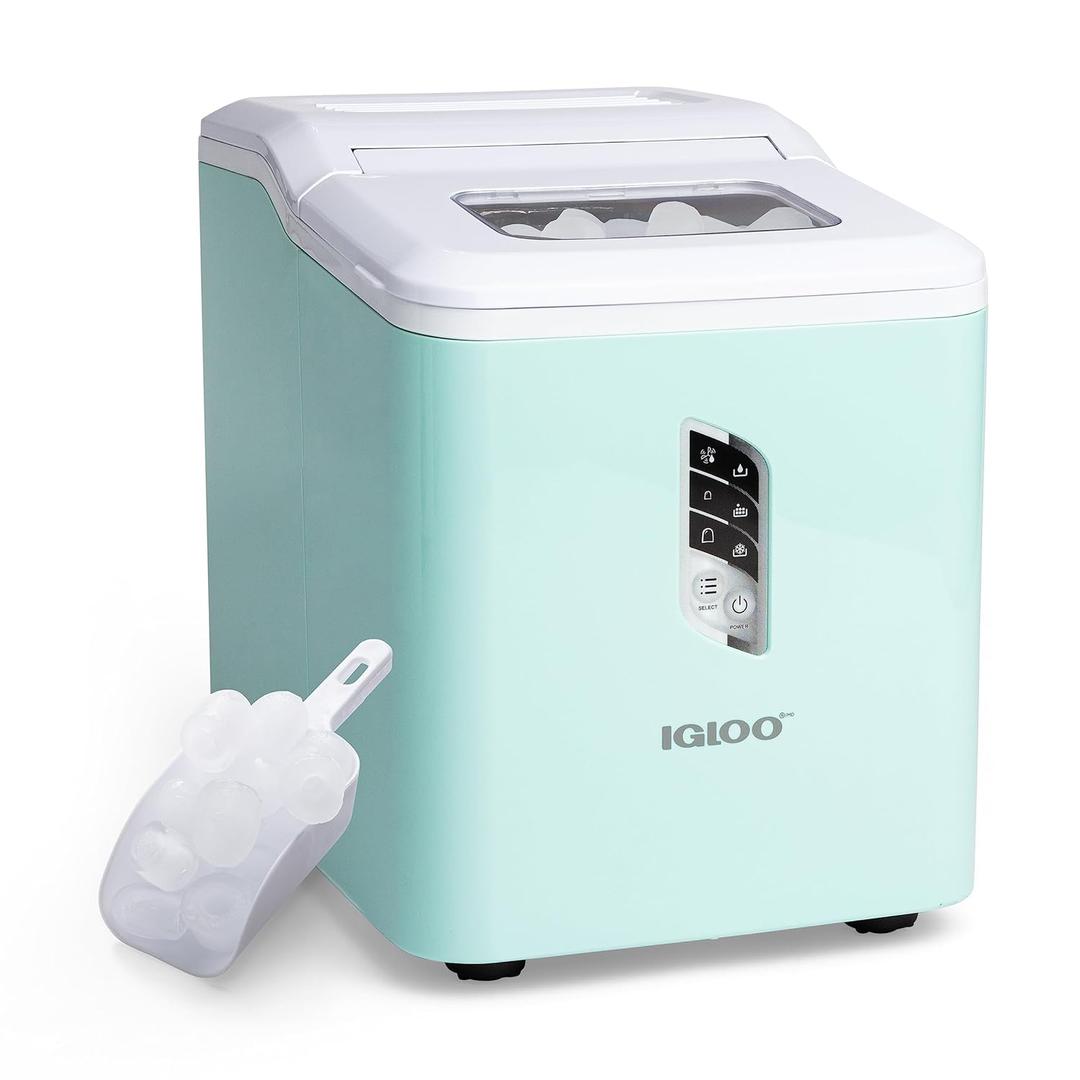 Igloo Automatic Ice Maker, Self-Cleaning, Countertop Size, 26 lbs in 24 Hours, 9 Large or Small Ice Cubes in 7 Minutes, LED Control Panel, Scoop Included, Great for Water Bottles, Mixed Drinks, Aqua
