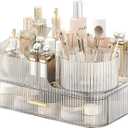 DASITON Makeup Organizer with Drawers and Rotating Makeup Brush Holder,Large Capacity Stackable Cosmetic Organizer Countertop,Bathroom Organizers and Storage,Make up Organizers for Vanity (Clear 02) (1 Tray + 1 Drawer)