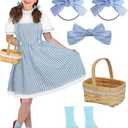 Women's Puff Sleeve Blue Gingham Dress with Bows Socks Wicker Basket Halloween Book Character Costumes for Adults, Size L