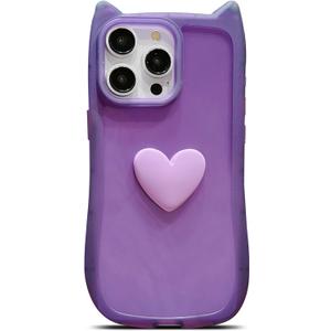 for iPhone 15 Pro Case 6.1" Cute 3D Love Heart Kawaii Cat Ear Clear Transparent Soft Silicone Shockproof Protective Arc Edge Bumper Phone Cover for Women (Purple)
